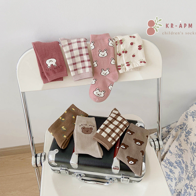 4 Pairs Girls Checked Cartoon Accessories Socks