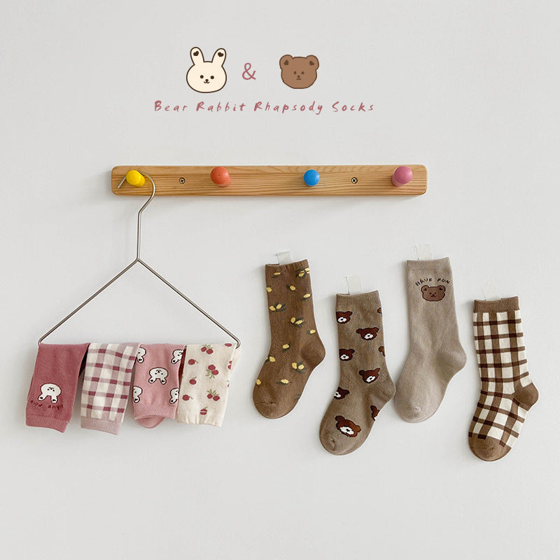4 Pairs Girls Checked Cartoon Accessories Socks