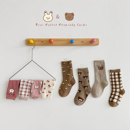 4 Pairs Girls Checked Cartoon Accessories Socks