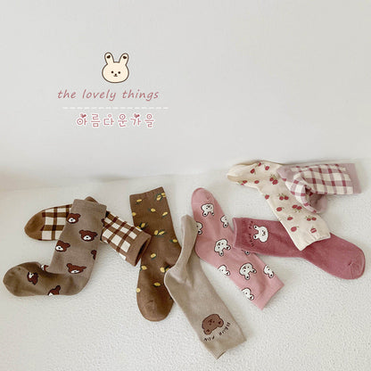 4 Pairs Girls Checked Cartoon Accessories Socks