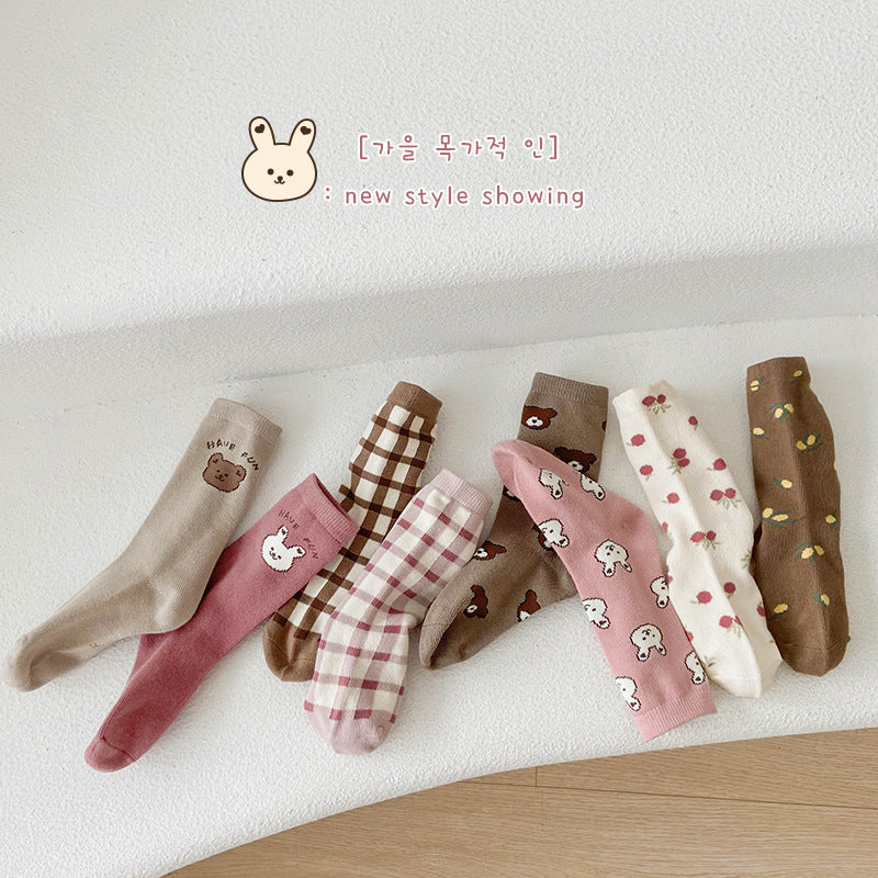 4 Pairs Girls Checked Cartoon Accessories Socks