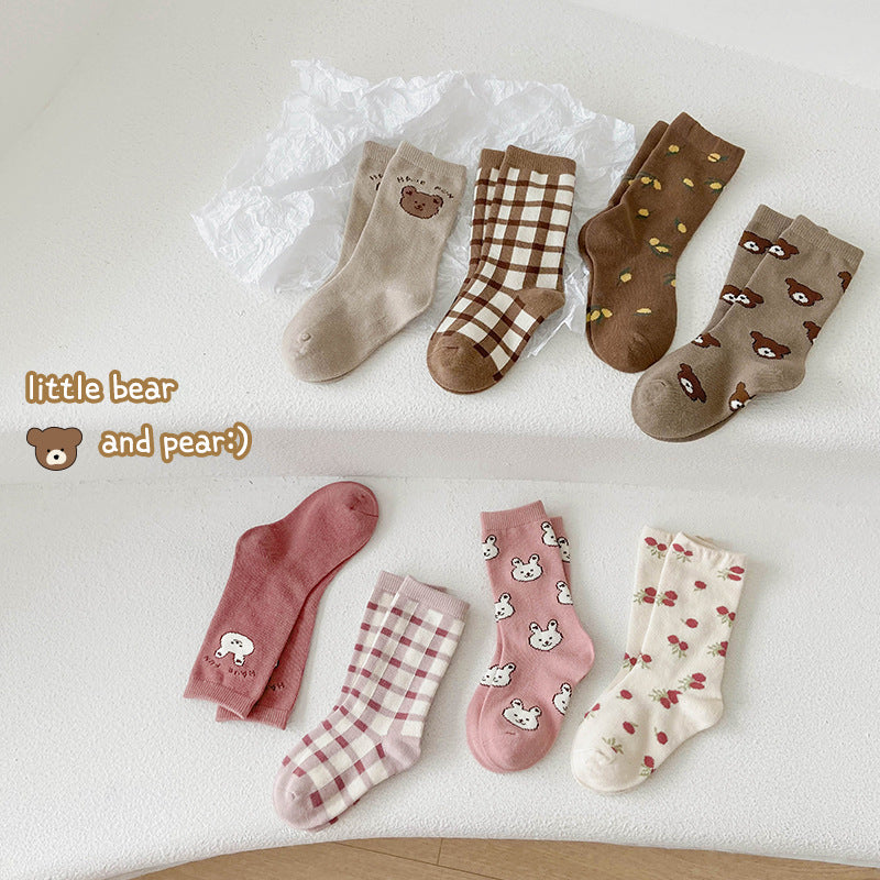 4 Pairs Girls Checked Cartoon Accessories Socks