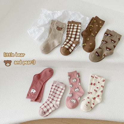 4 Pairs Girls Checked Cartoon Accessories Socks