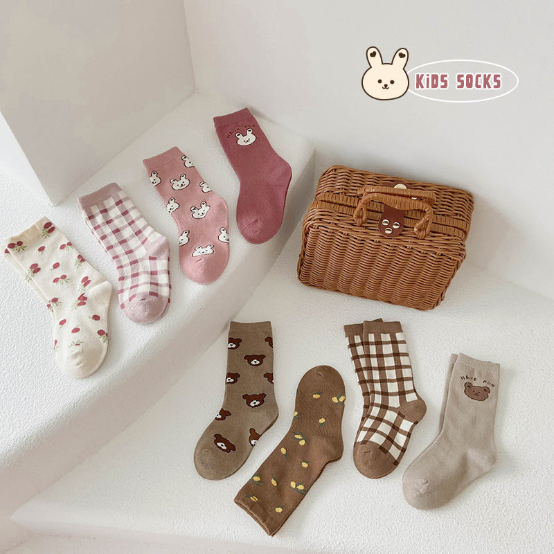 4 Pairs Girls Checked Cartoon Accessories Socks