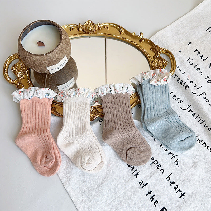 Unisex Flower Muslin&Ribbed Print Accessories Socks Wholesale 230323594