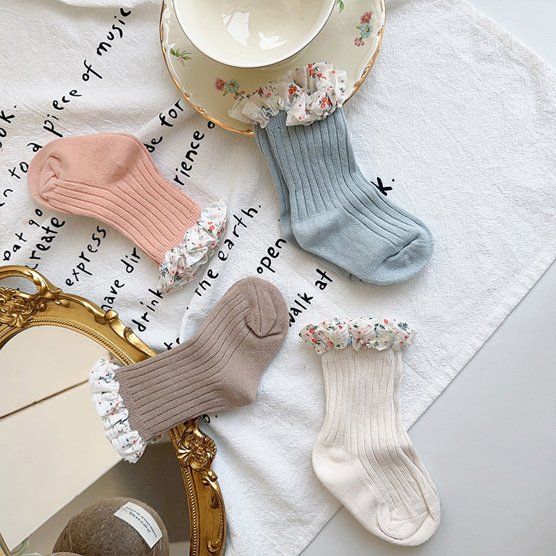 Unisex Flower Muslin&Ribbed Print Accessories Socks Wholesale 230323594