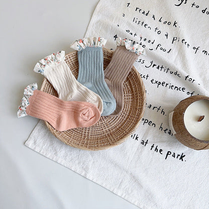 Unisex Flower Muslin&Ribbed Print Accessories Socks Wholesale 230323594