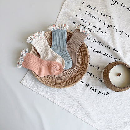 Unisex Flower Muslin&Ribbed Print Accessories Socks Wholesale 230323594