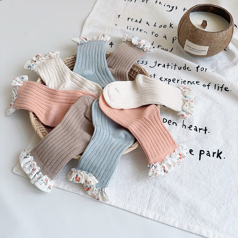 Unisex Flower Muslin&Ribbed Print Accessories Socks Wholesale 230323594