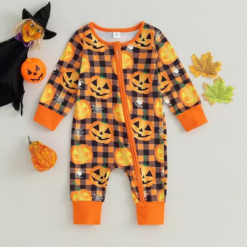Baby Girls Boys Checked Cartoon Print Halloween Jumpsuits
