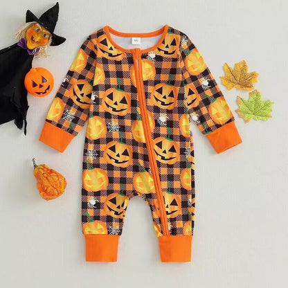 Baby Girls Boys Checked Cartoon Print Halloween Jumpsuits