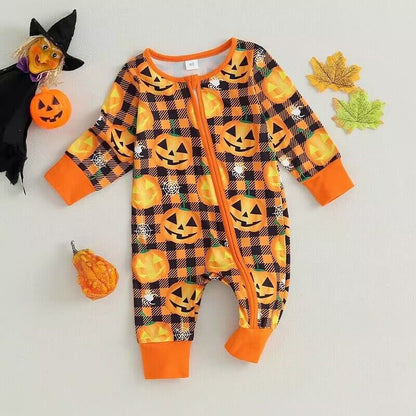 Baby Girls Boys Checked Cartoon Print Halloween Jumpsuits