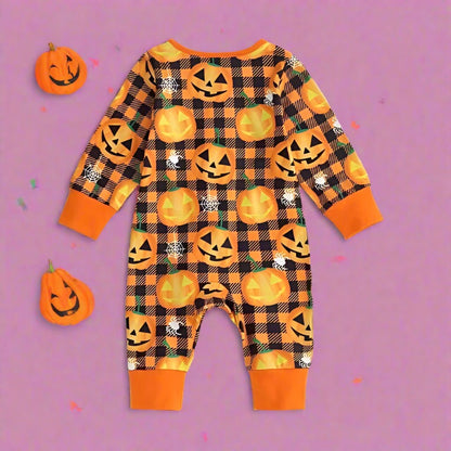 Baby Girls Boys Checked Cartoon Print Halloween Jumpsuits