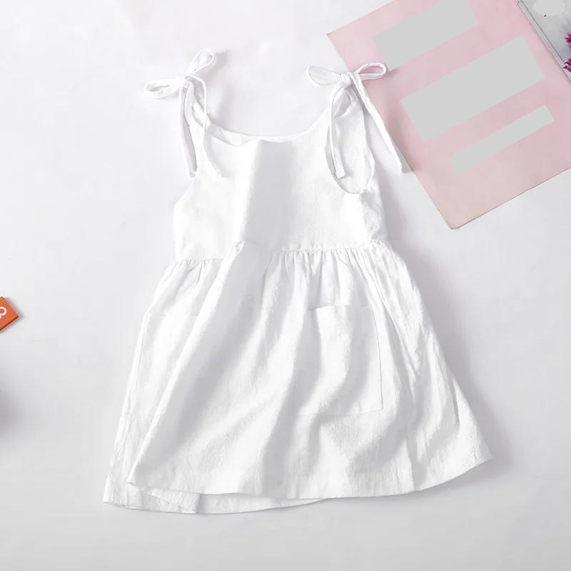 Girls' Summer Suspender Dress: Solid Color with Pocket