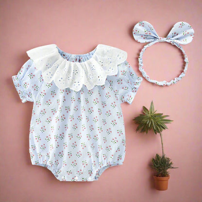 Baby Girls Flower Lace Print Rompers Headwear
