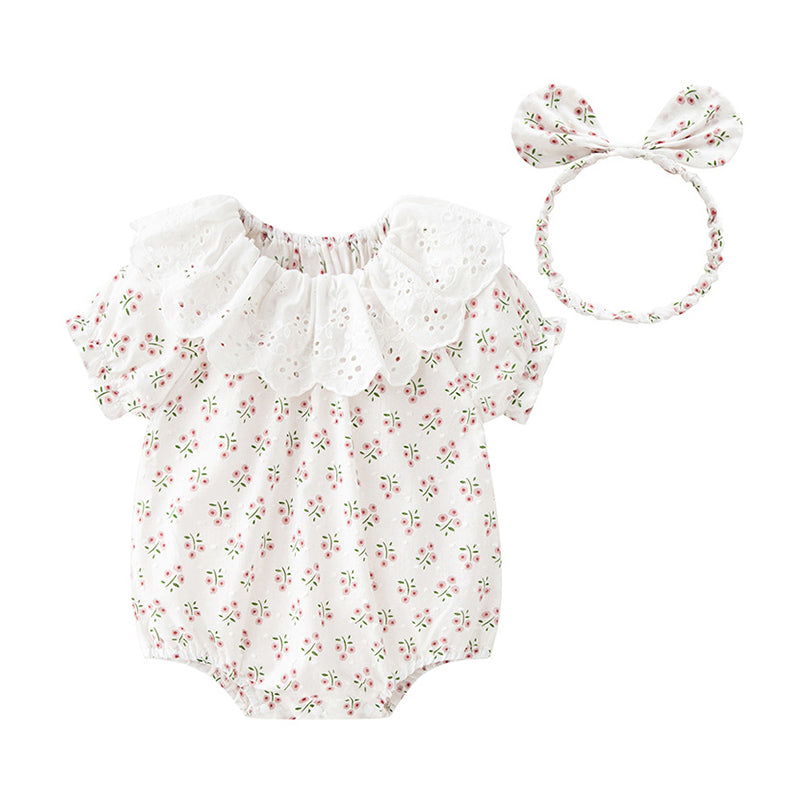 Baby Girls Flower Lace Print Rompers Headwear
