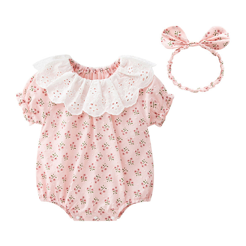Baby Girls Flower Lace Print Rompers Headwear