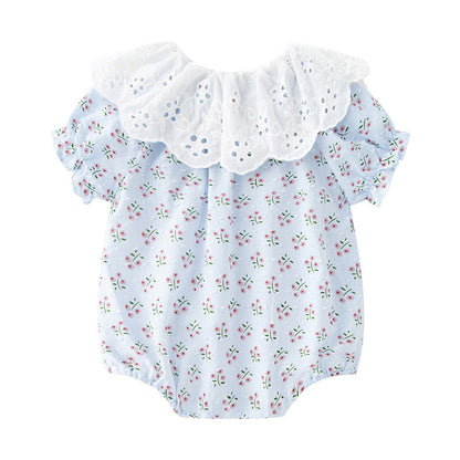 Baby Girls Flower Lace Print Rompers Headwear