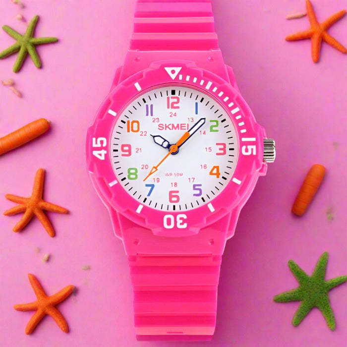Girl's Educational Pink Watch With Multicolored Numbers