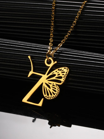 Girls Sweet Keepsake Butterfly Letter Pendant Necklace
