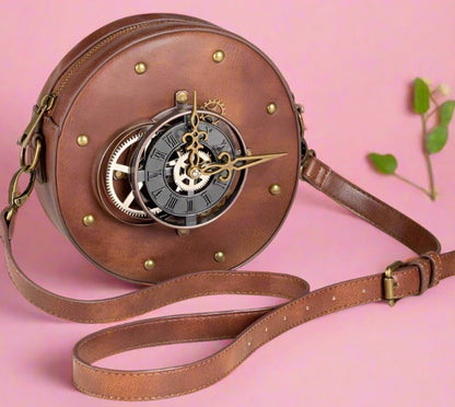 Steampunk Leather Motorcycle Crossbody Bag Metal Clock Decor