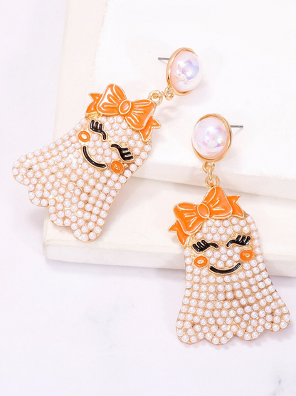 Girls Smiley Spook Beaded Ghost Drop Earrings