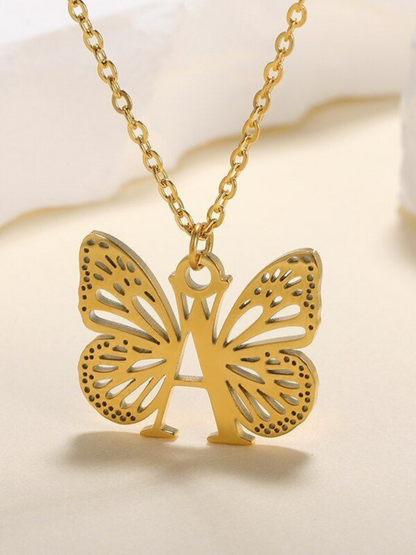 Girls Sweet Keepsake Butterfly Letter Pendant Necklace
