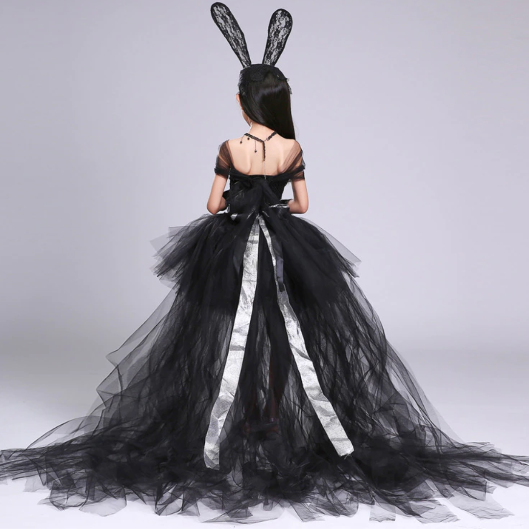 Black Bunny Themed Princess Party Trailing Tulle Dress