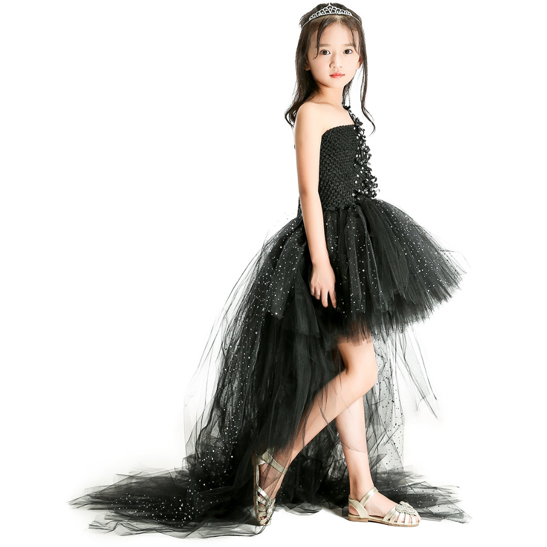 Black Starry Girls Party Trailing Tulle Dress