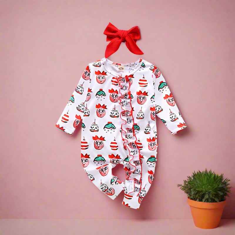 Baby Girls Boys Bow Print Christmas Jumpsuits Headwear
