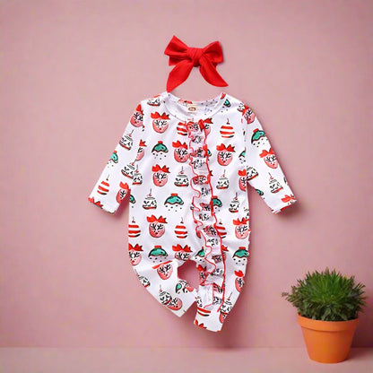 Baby Girls Boys Bow Print Christmas Jumpsuits Headwear