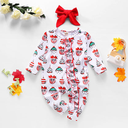 Baby Girls Boys Bow Print Christmas Jumpsuits Headwear