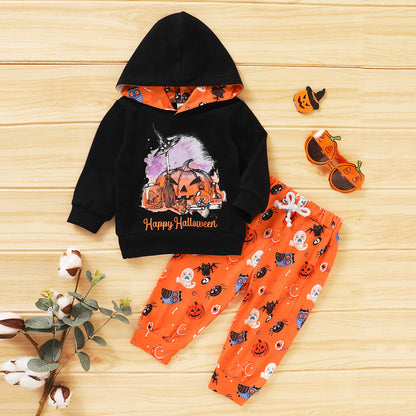 2 Pieces Set Baby Boys Holloween Letters Cartoon Print Hoodies