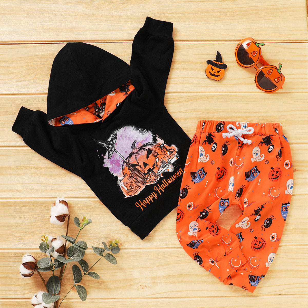 2 Pieces Set Baby Boys Holloween Letters Cartoon Print Hoodies