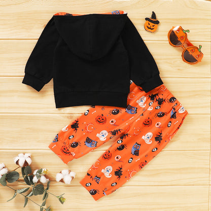 2 Pieces Set Baby Boys Holloween Letters Cartoon Print Hoodies