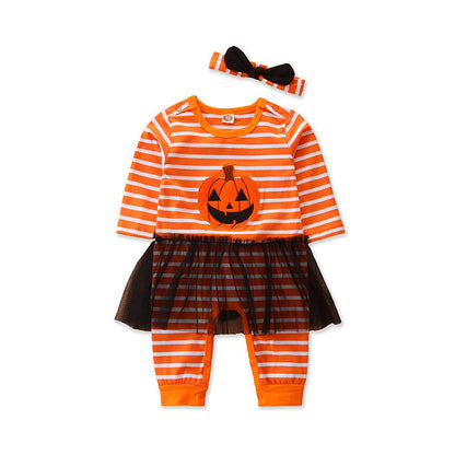 Baby Girls Striped Cartoon Bow Halloween Jumpsuits Headwear