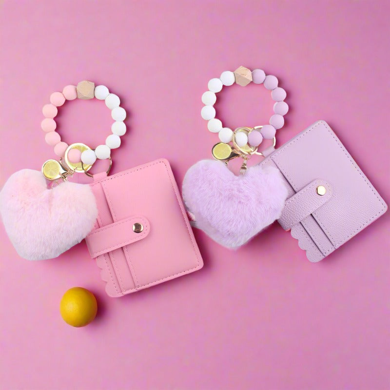 Heart Shape Fur Ball Card Holder Silicone Beaded
