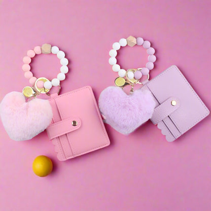 Heart Shape Fur Ball Card Holder Silicone Beaded