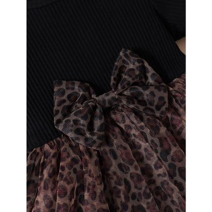 Wholesale Children's Short Sleeved Leopard Print Mesh Bow Cotton Dresses
