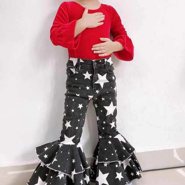 Polyester Slim Fit Kids Girls Jeans Double Layer Flares