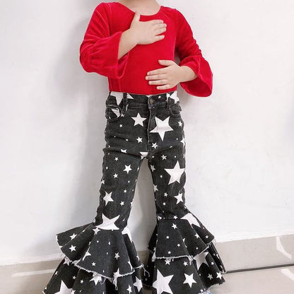 Polyester Slim Fit Kids Girls Jeans Double Layer Flares