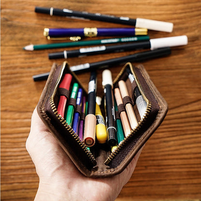 First Layer Cowhide Retro Square Men's Zipper Pencil Case