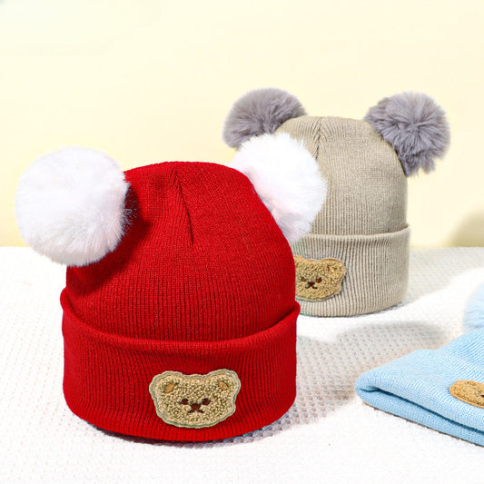 Wholesale Children's Fur Ball Knitted Hat Bear Embroidered Warm Woolen Hat