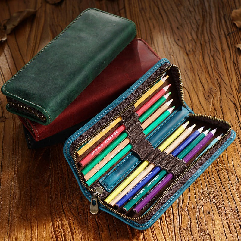 First Layer Cowhide Retro Square Men's Zipper Pencil Case