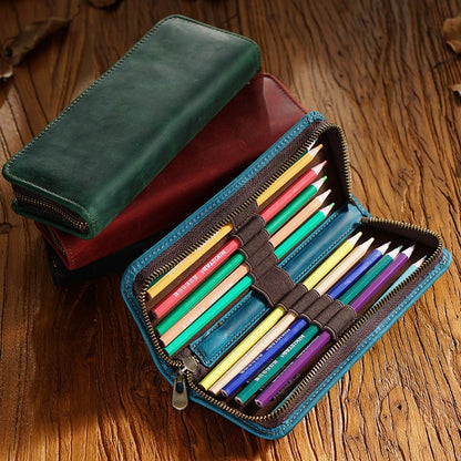 First Layer Cowhide Retro Square Men's Zipper Pencil Case