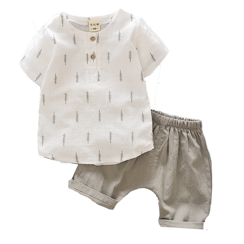 Wholesale 2023 Kids Summer Cotton Linen Short Sleeve Shirt Set