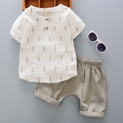 Wholesale 2023 Kids Summer Cotton Linen Short Sleeve Shirt Set
