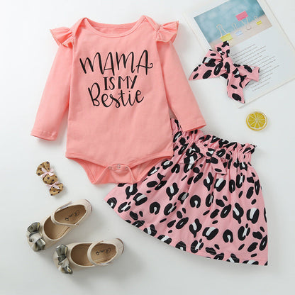 3 Pieces Set Baby Girls Leopard Bow Skirts And Headwear