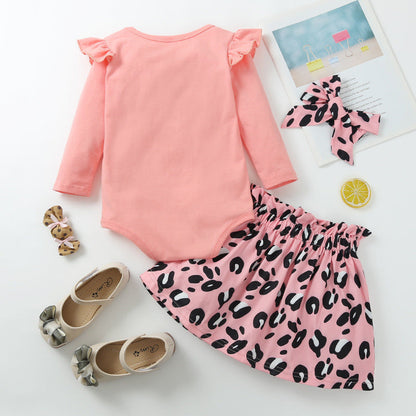 3 Pieces Set Baby Girls Leopard Bow Skirts And Headwear