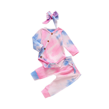 3 Pieces Set Baby Girls Tie Dye Bow Headwear Rompers And Pants